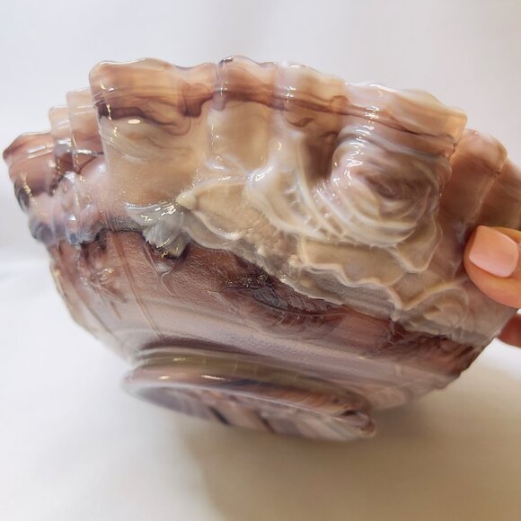 Imperial Vintage Purple Slag Glass Bowl Embossed Rose Design Ruffle Edge 9" wide - Picture 9 of 12